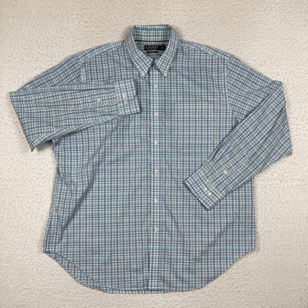 Lauren Ralph Lauren Button Down Men 18 36/37 Blue Plaid Stretch Non Iron Shirt